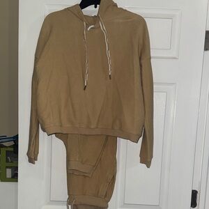 Tan Ribbed Hoodie and Jogger Set